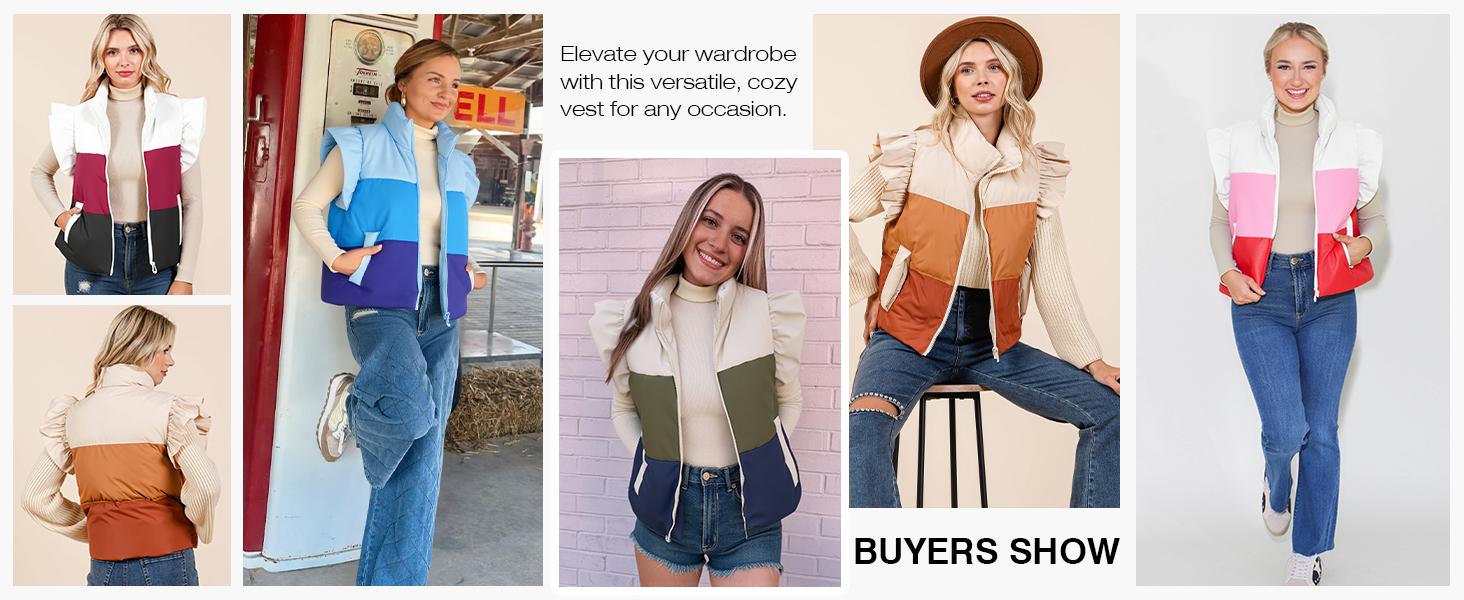 Tankaneo Womens Puffer Vest Ruffle Sleeveless Zip Up Quilted Jacket Color Block Winter Warm Padded Gilet Coats Tankaneo Womens Puffer Vest Ruffle Sleeveless Zip Up Quilted Jacket Color Block Winter Warm Padded Gilet Coats