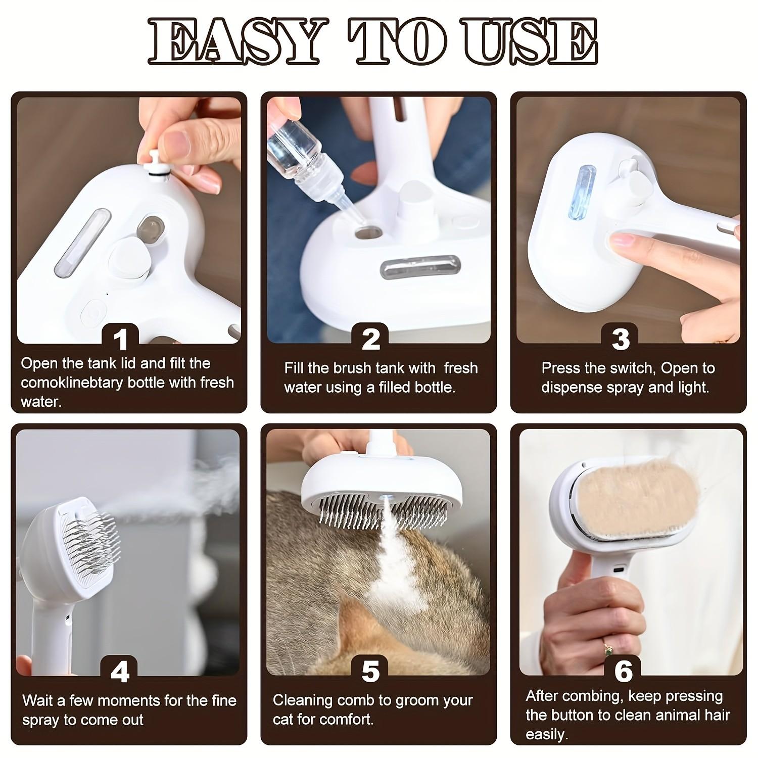 3-In-1 Automatic Steam Pet Brush, Anti-Static, Ideal for Long and Short Hair Cats and Dogs, Removes Loose Fur, Reduces Shedding