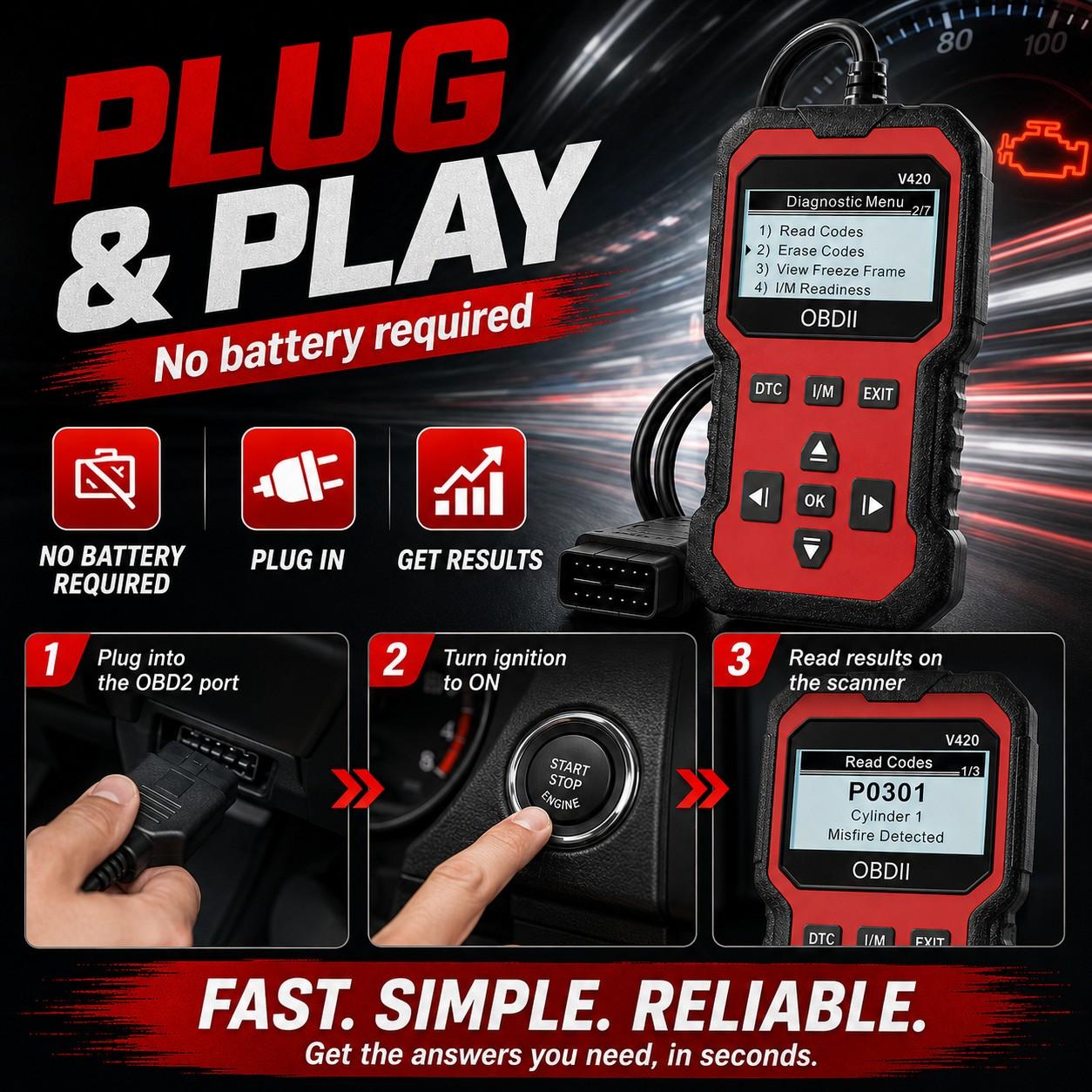 OBD2 Diagnostic Scanner, 1 Count Accurate Code Reader, Efficient Engine Light Diagnostic Aid, and Reliable Battery Voltage Tester for OBD2 - Compliant 12V Cars and Trucks Since 2003