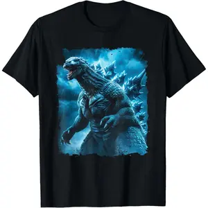 Hyper Realistic Blue Thunder Rain Storm Godzilla Kaiju Giant Monster Movie Graphic T-Shirt For Men Women Crewneck Short Sleeve Oversized Sci-Fi Pop Culture Comic Con Streetwear Tops Big Tall Plus Size S To 5XL Solid Black Summer Casual Tee
