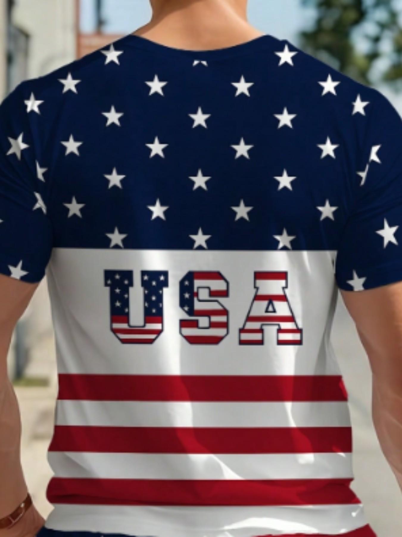 Men's Colorblock Usa Flag Pattern Casual T-Shirt and Shorts Set, Polyester Knit Stretch, Fitted, Summer 2-Piece
