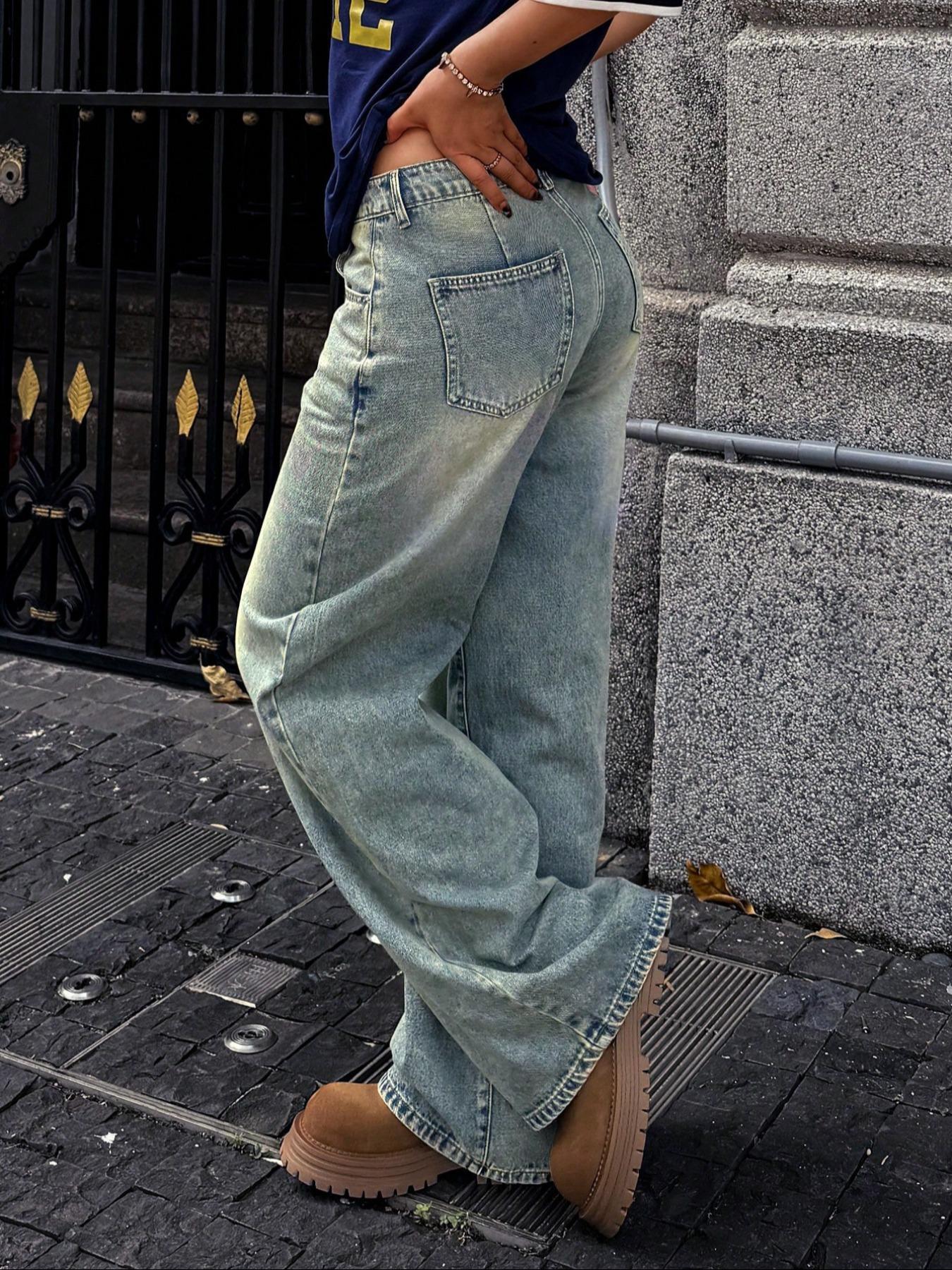 Women's Elastic Wide Leg Jeans, Vintage Style Casual Fashion Denim Jeans, Trendy Relaxed Fit Long Jeans for All Seasons