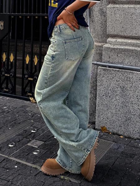 Women's Elastic Wide Leg Jeans, Vintage Style Casual Fashion Denim Jeans, Trendy Relaxed Fit Long Jeans for All Seasons