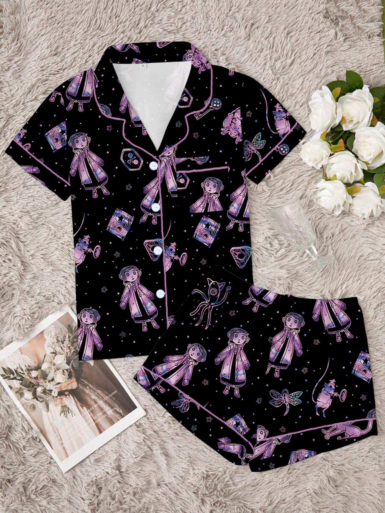 Dreamy Macaron Cartoon Print Pajama Set, Short Sleeve and Shorts, Lightweight Pure Cotton, Ideal for Home Relaxation