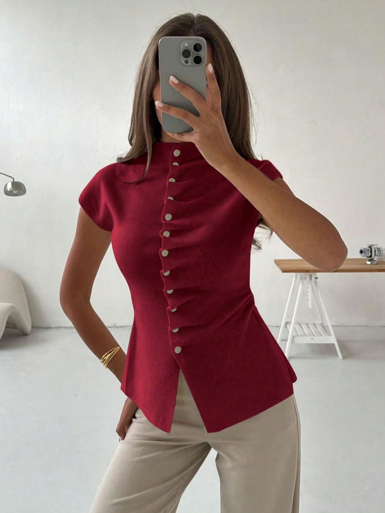 Women's White Stand-Collar Knit Top, Ruched Button-Front Cap-Sleeve Blouse, Slim-Fit Casual Knitted Shirt in Soft Stretchy Fabric, Body Hugging Tops, Button Closure Top, Office Wear, Daily Wear, Business Casual and Date Night, Spring Summer Knitwear