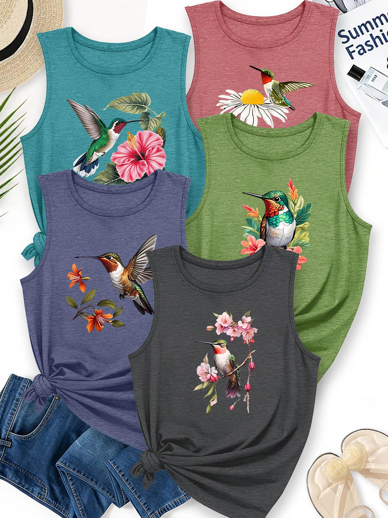5PCS Women's Crew Neck Sleeveless Tank, Hummingbird & Floral Watercolor Print, Aesthetic, multi-color, washable, soft summer top