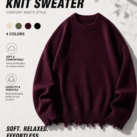 Fall & Winter Unisex Street Fashion Casual Long Sleeve Ripped Knit Sweater Pullover, Loose Fit Comfortable Cleanfit Round Neck Top, Knitwear, Knit Tops
