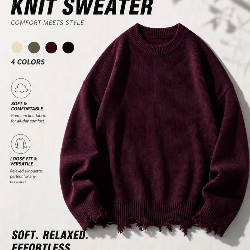 Fall & Winter Unisex Street Fashion Casual Long Sleeve Ripped Knit Sweater Pullover, Loose Fit Comfortable Cleanfit Round Neck Top, Knitwear, Knit Tops