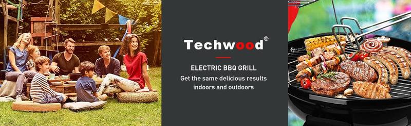 Techwood 1600W Electric BBQ Grill - 15-Serving Portable with Double Layer Design, Removable Stand, Fast-Heating, Temperature Control, Square Rack for Countertop & Backyard Use pu kom _ indoor smokeless grill electric  kettle