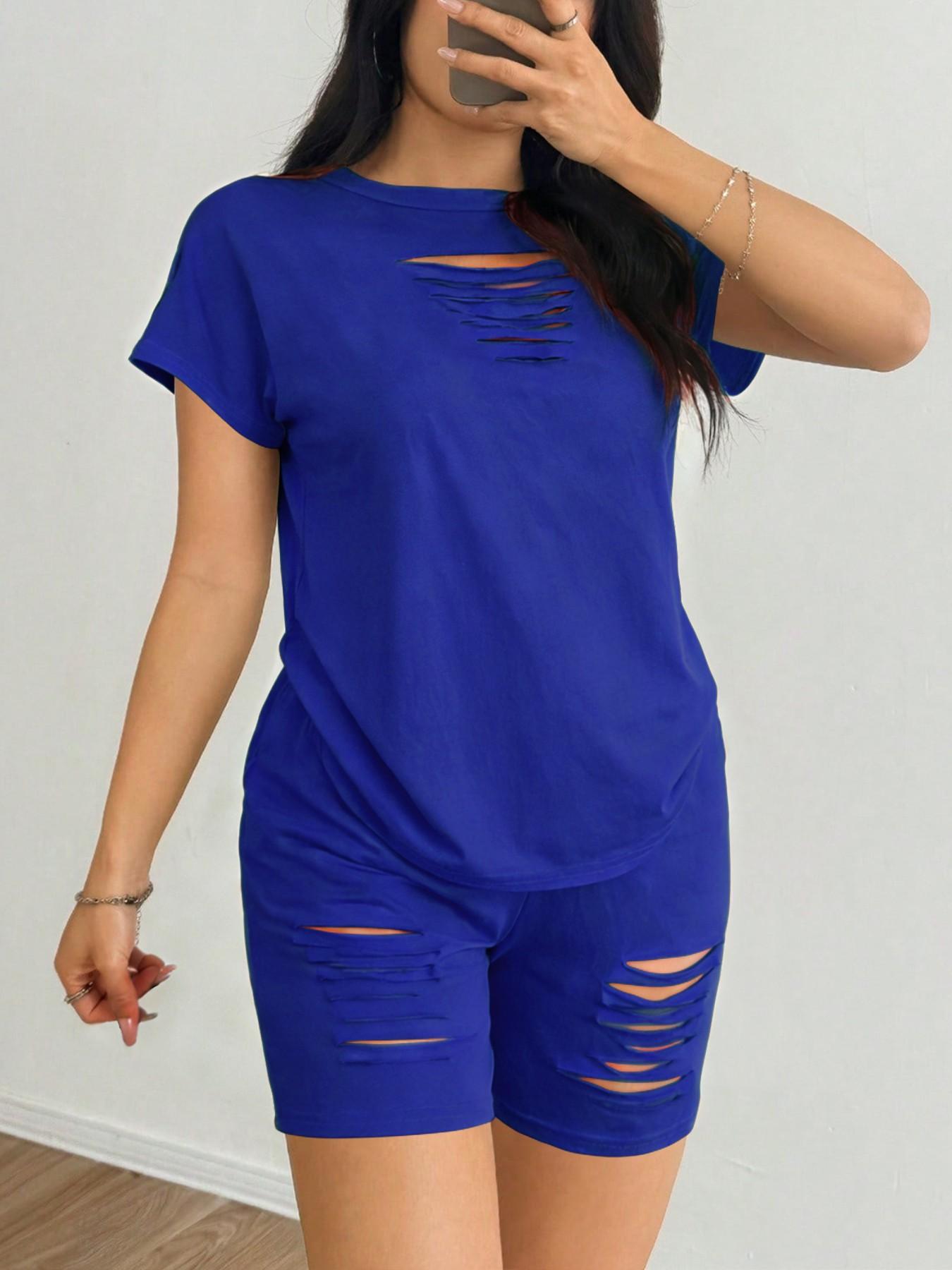 Women's Sexy Hollow Out T-Shirt and Shorts Set, Soft High Stretch Fabric, Casual Slim Fit, Short Sleeve, Plain Pattern, Two Piece, Outfit