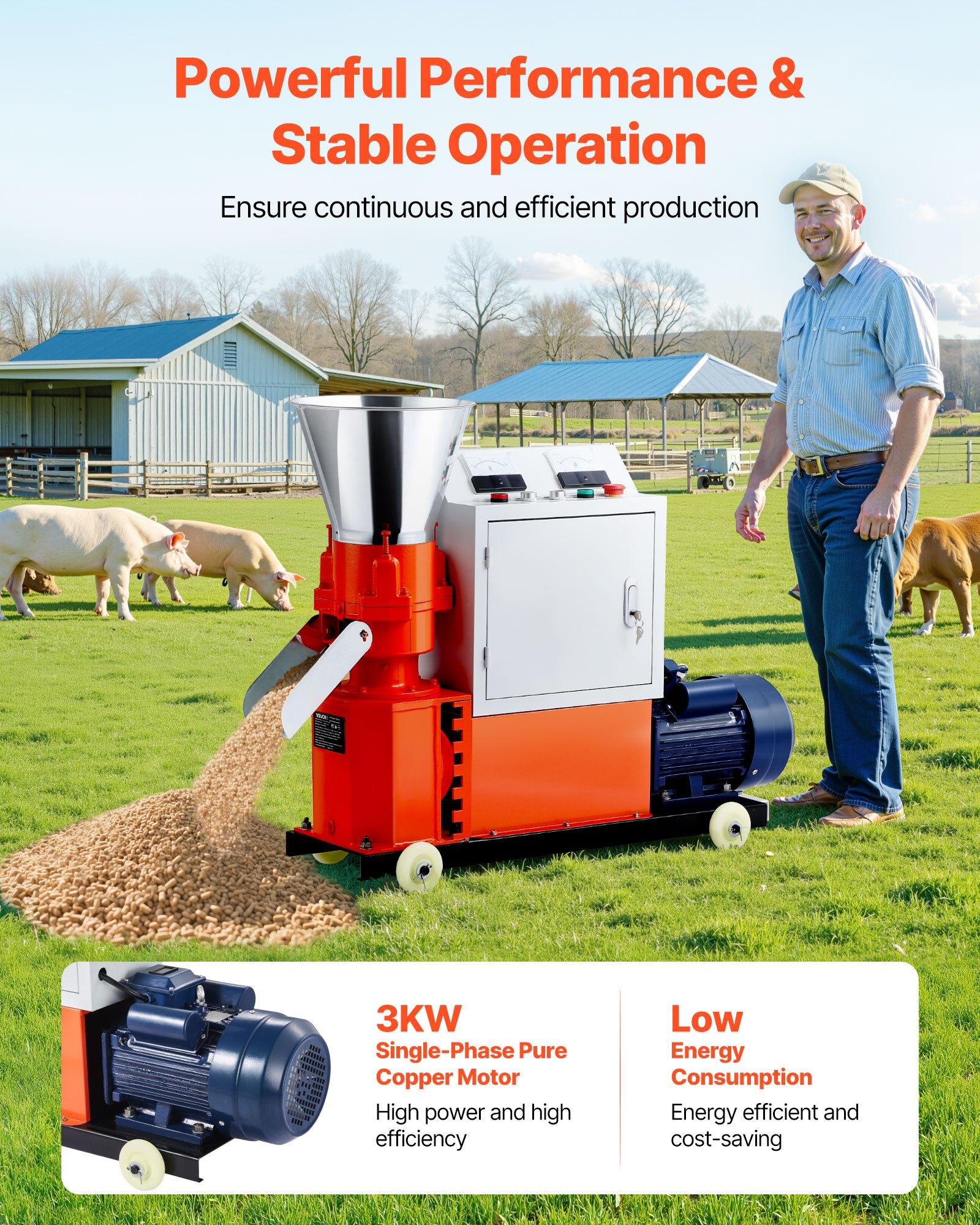 VEVOR Feed Pellet Mill Machine, 4 mm Animal Feed Pellet Making Machine, 3KW 240V Animal Food Granulator Mill Machines with 3 Pressure Rollers 4 Wheels, Ideal for Poultry, Livestock, Farm Animals