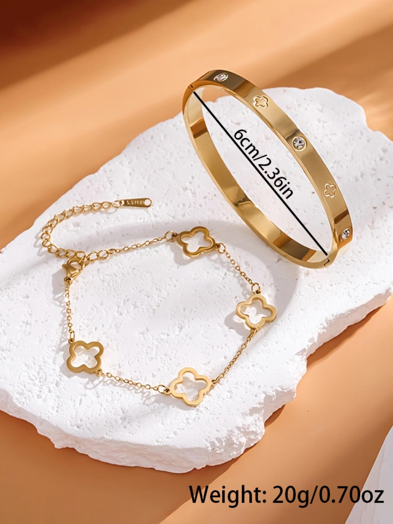 Women's Elegant Four Leaf Clover Design Stainless Steel Jewelry Set, Adjustable Bracelet & Bangle, European Style, Perfect Gift