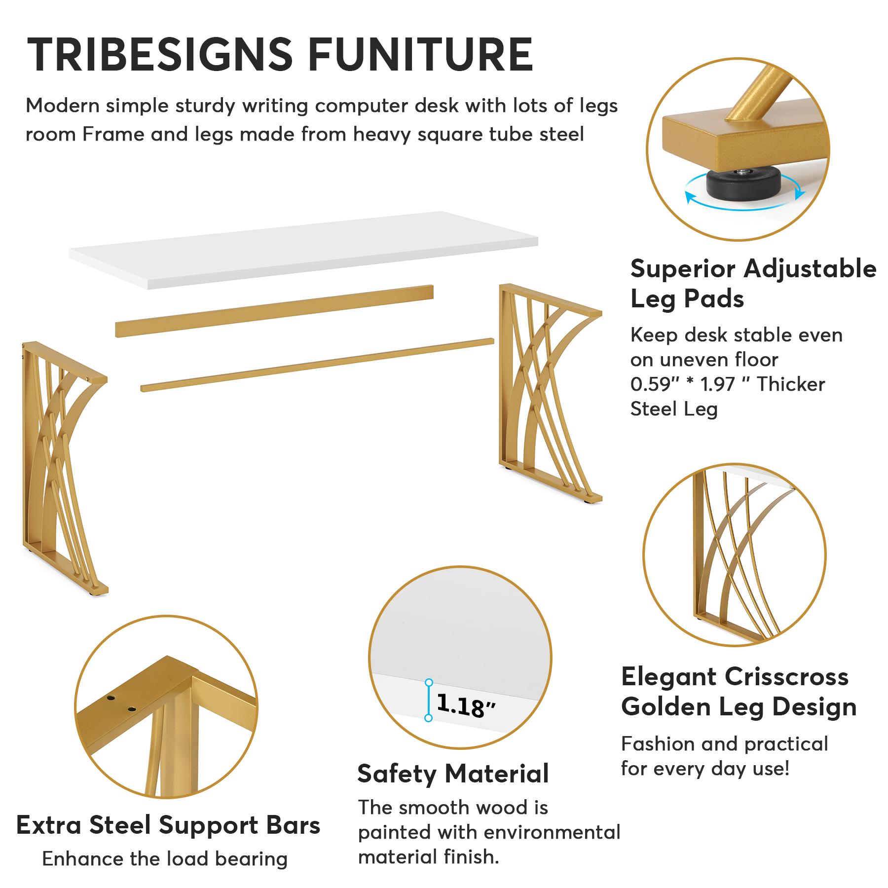 LITTLE TREE 55’’ Large Modern Computer Desk, White & Gold Luxury Laptop PC Student Table, Makeup Vanity Table with Thick Frame & Strong Legs, Sturdy Writing Workstation for Home & Office
