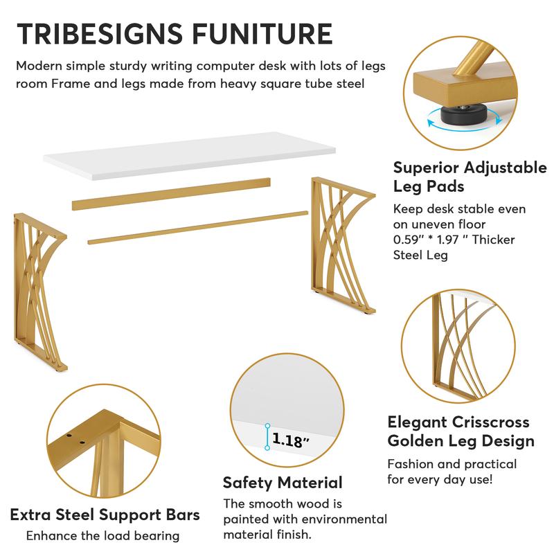 LITTLE TREE 55’’ Large Modern Computer Desk, White & Gold Luxury Laptop PC Student Table, Makeup Vanity Table with Thick Frame & Strong Legs, Sturdy Writing Workstation for Home & Office