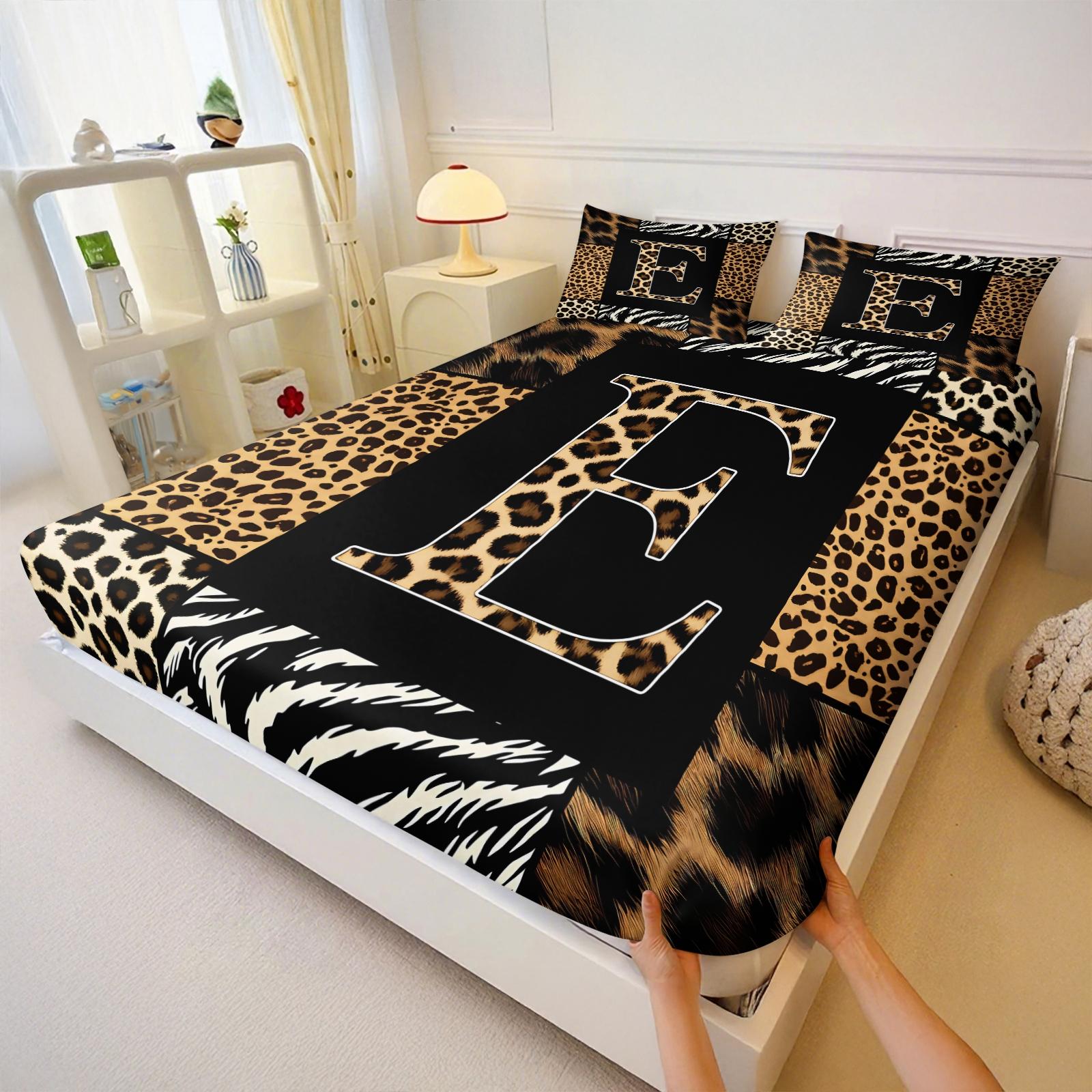 3Pcs Trendy Wild Leopard Zebra Patchwork Letter A-Z Fitted Sheet Set No Fillers, Animal Print Bed Sheet Set, Stylish Modern Bedding Set with Pillowcases, Deep Pocket Bedding for Women Girls Bedroom Decor