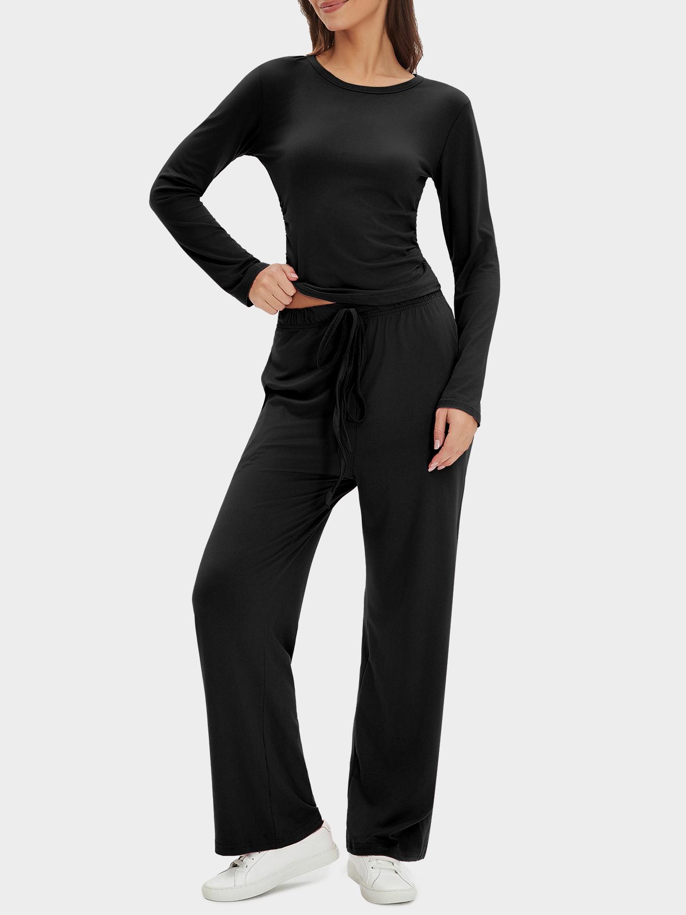 Women's 2-Piece Set Autumn and Winter Loungewear Sets, Ruched Fitted Long Sleeve Tops & High Waisted Wide Leg Pants