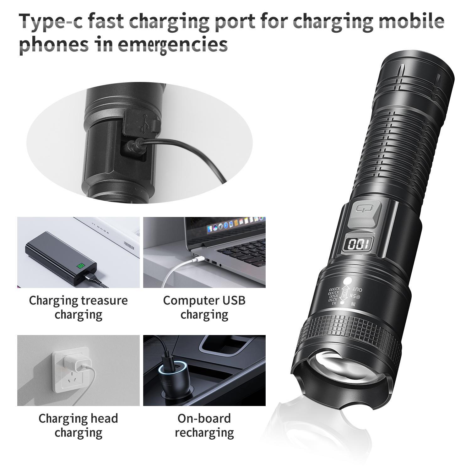 High Lumen LED Rechargeable Tactical Flashlight,with Battery Level Indicator & USB-C Port,Essential for Camping/Hiking/Emergency/Travel