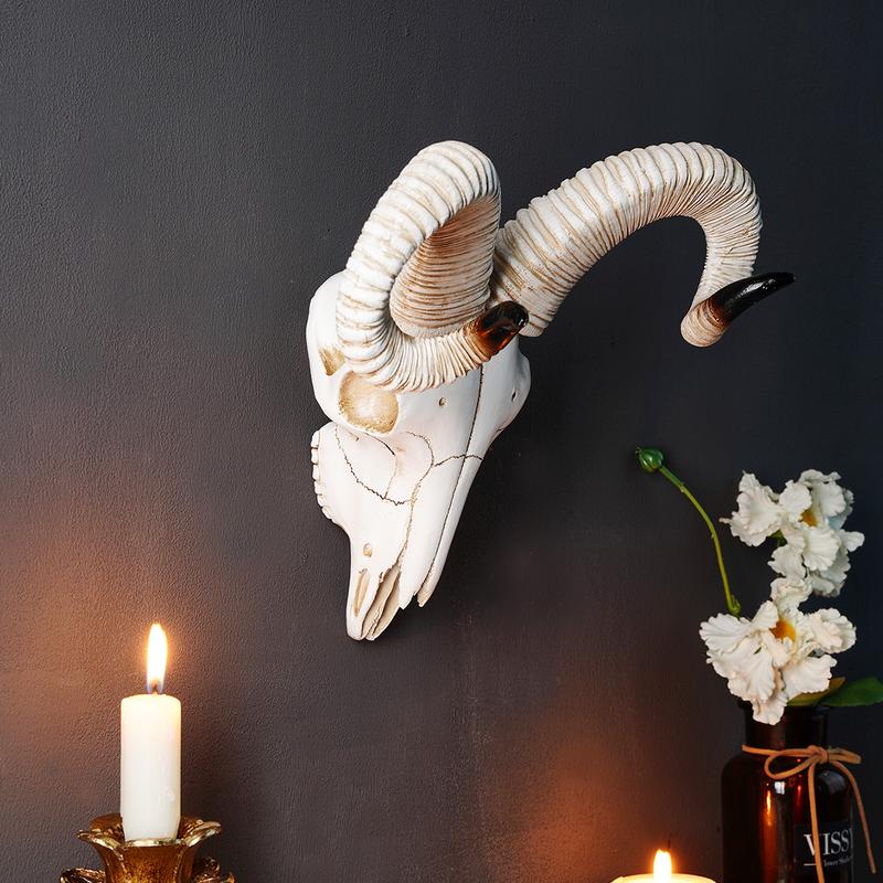 Resin Animal Skull Wall Decor Figurine Ornament, Realistic Sheep Head Bone Hanging Decoration for Ramadan Festival Home Wall Art