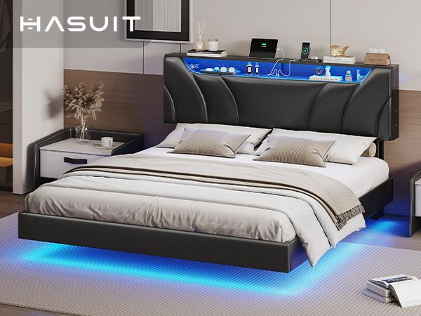 Hasuit Queen Floating Bed Frame with Storage Headboard and LED Lights Queen Size Visual Floating LED Bed Frame with Type-C & USB Port Upholstered Platform Bed with Storage,No Box Spring Needed