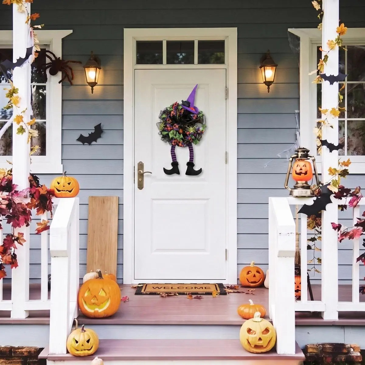 Halloween Front Door Wreath Witch Hat with Mesh Leg Decor Indoor Outdoor Spooky Holiday Gift