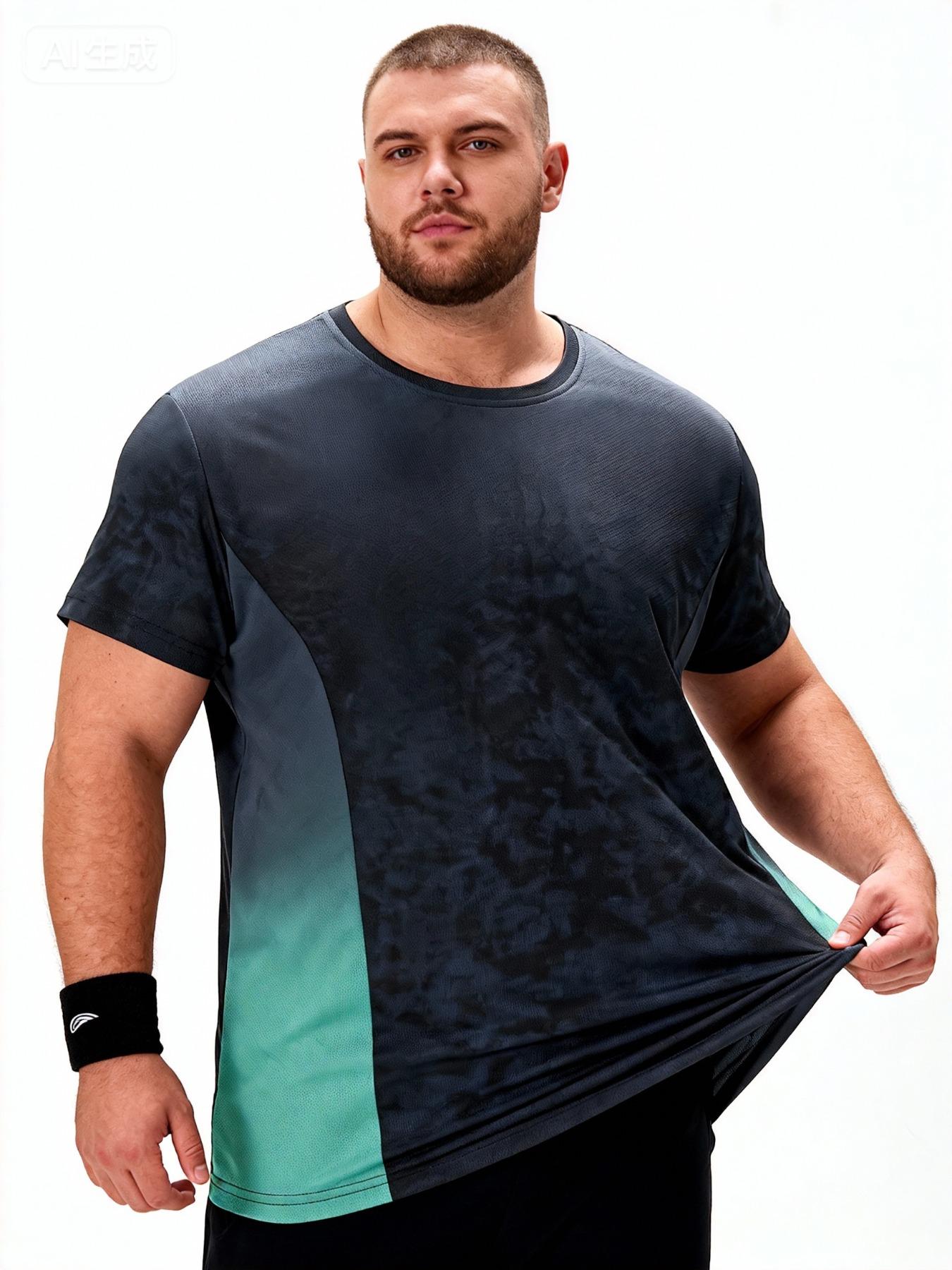Men's Casual Gradient Patchwork Round Neck T-Shirt, Gym Tee, Breathable Comfort, Summer Gym Workout Quick Dry Short Sleeve, Daily Wear and Vacation