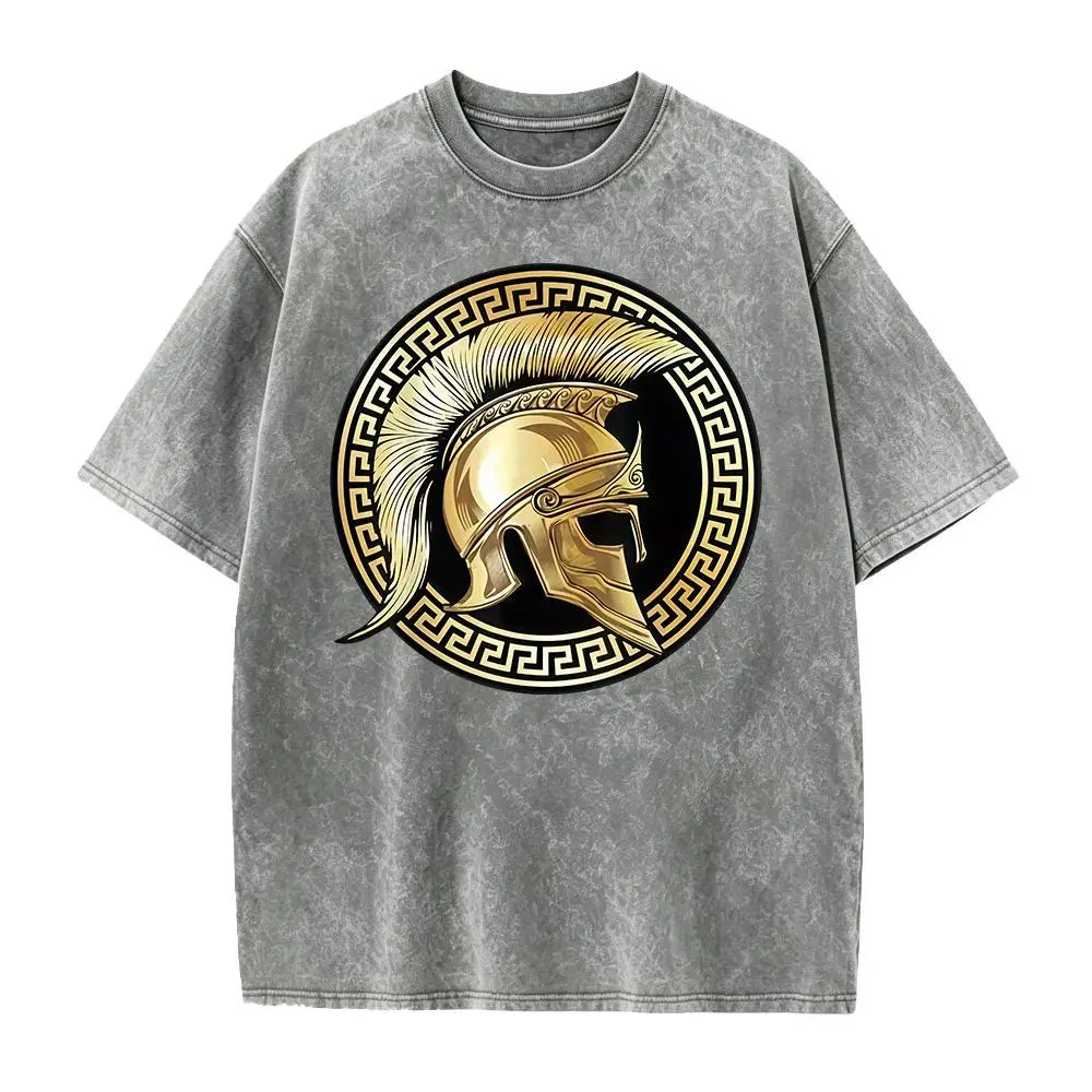 Golden Spartan Helmet Greek Key Circle Graphic Tee, Ancient Greece Gladiator Retro Men Short Sleeve T-Shirt, History Lover Gym Casual Top