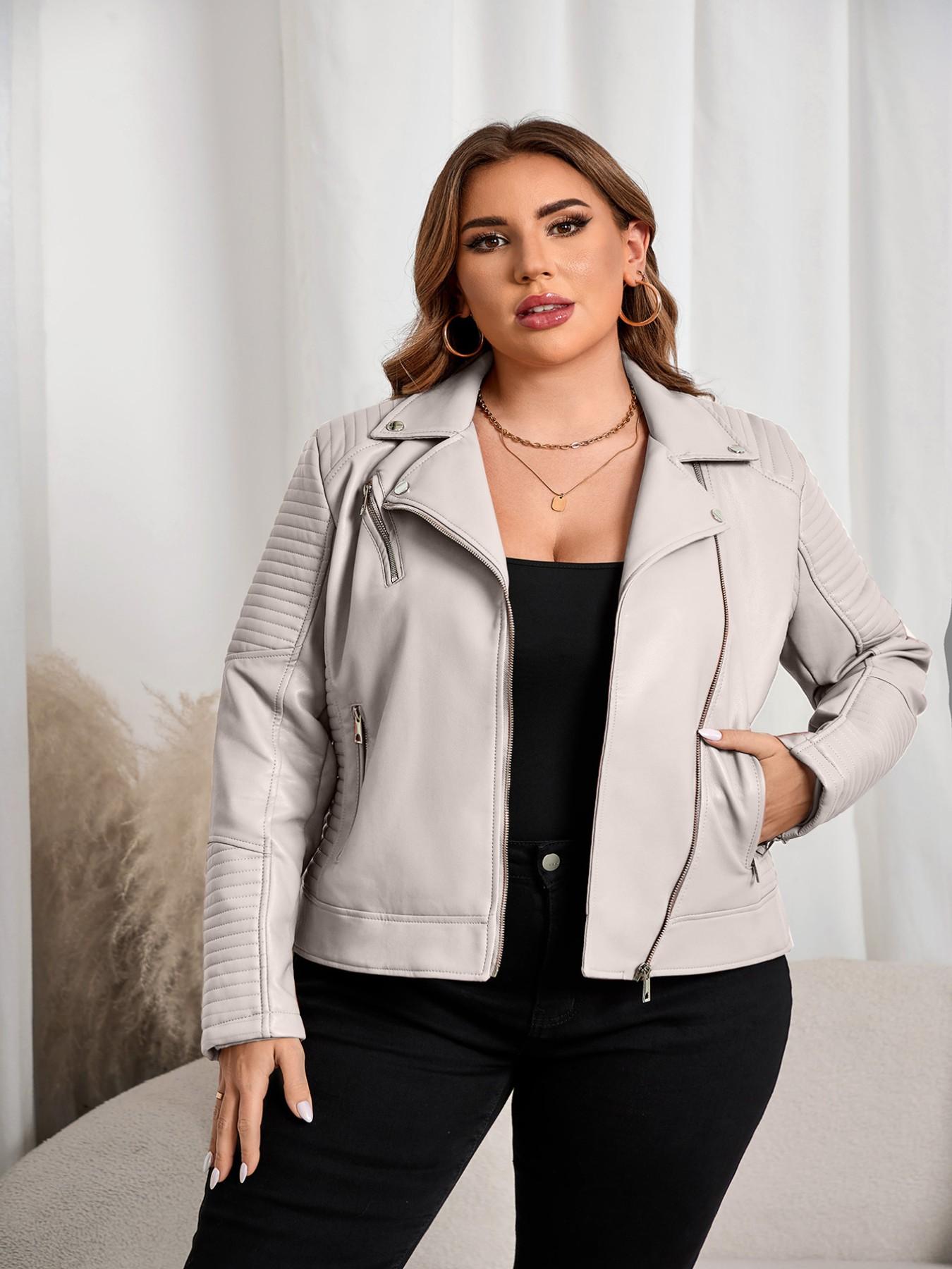 Women's Plus Size Plain PU Jacket with Zipper, Coats, Casual Fitted Outerwear for Spring & Fall