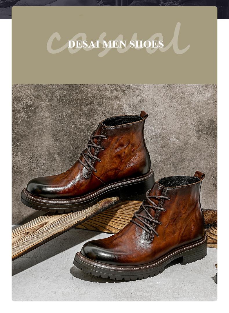 DESAI Leather Ankle Boots Calfskin Men's Classic Soft Handmade lace-up Dress Boot for Motorbike Hiking Walking Footwear Closed Round Toe Winter Fur Shoe Botas Para Hombres DS6319H