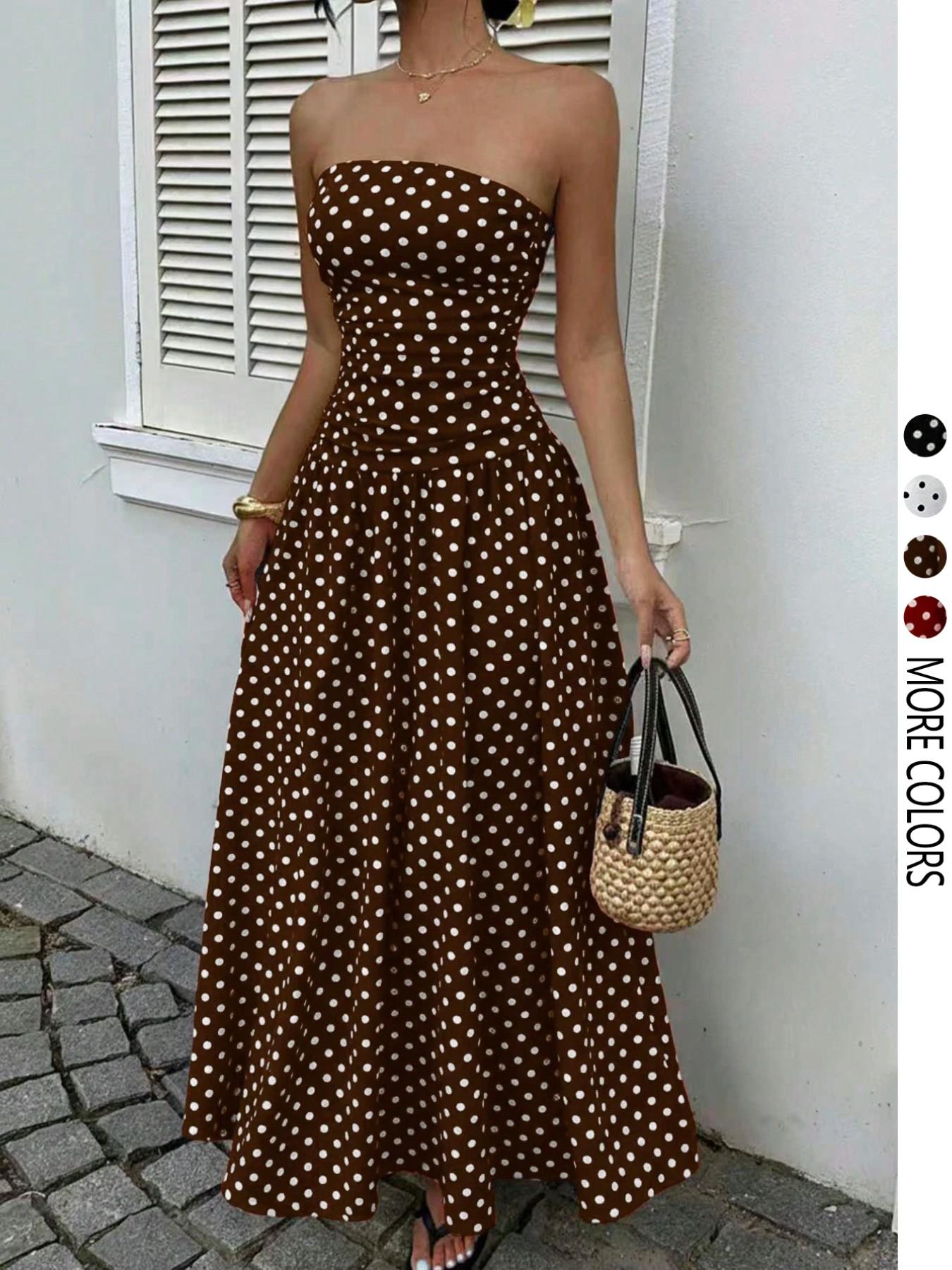 Women's Elegant Fashion Polka Dot Print Halter Dress, Stylish Chic Sleeveless Maxi Dress for Parties and Casual Wear, Summer Fashion