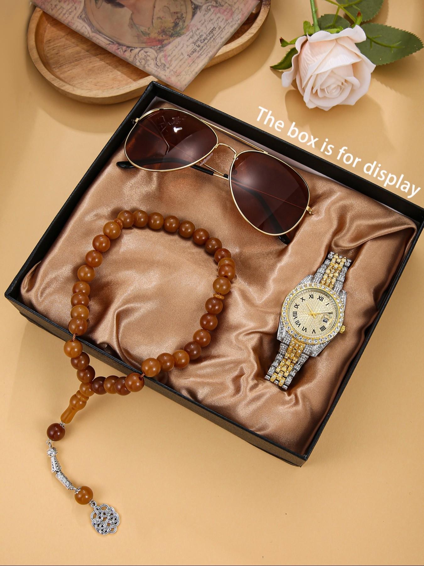 Stylish Men's Watch Set 3pcs, Includes Sunglasses and Beads, Perfect for Daily Use, Ideal Gift for Holidays and Special Occasions