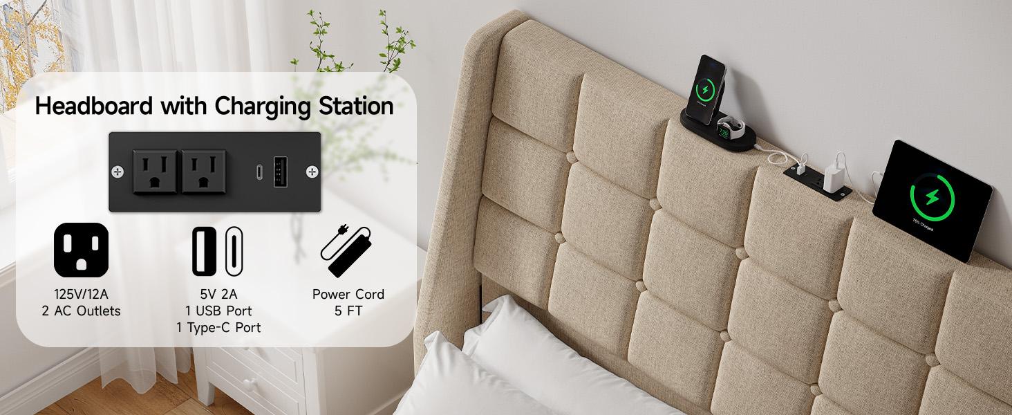 【SPOTLIGHT DAY】ONBRILL Ergonomic Upholstered Full/Queen Size Headboard w/Charging Station, Linen Wingback Headboards w/Storage Pocket, Full Headboard Only, Bed Frame Adapters, Sturdy Solid Wood Bed Head Board