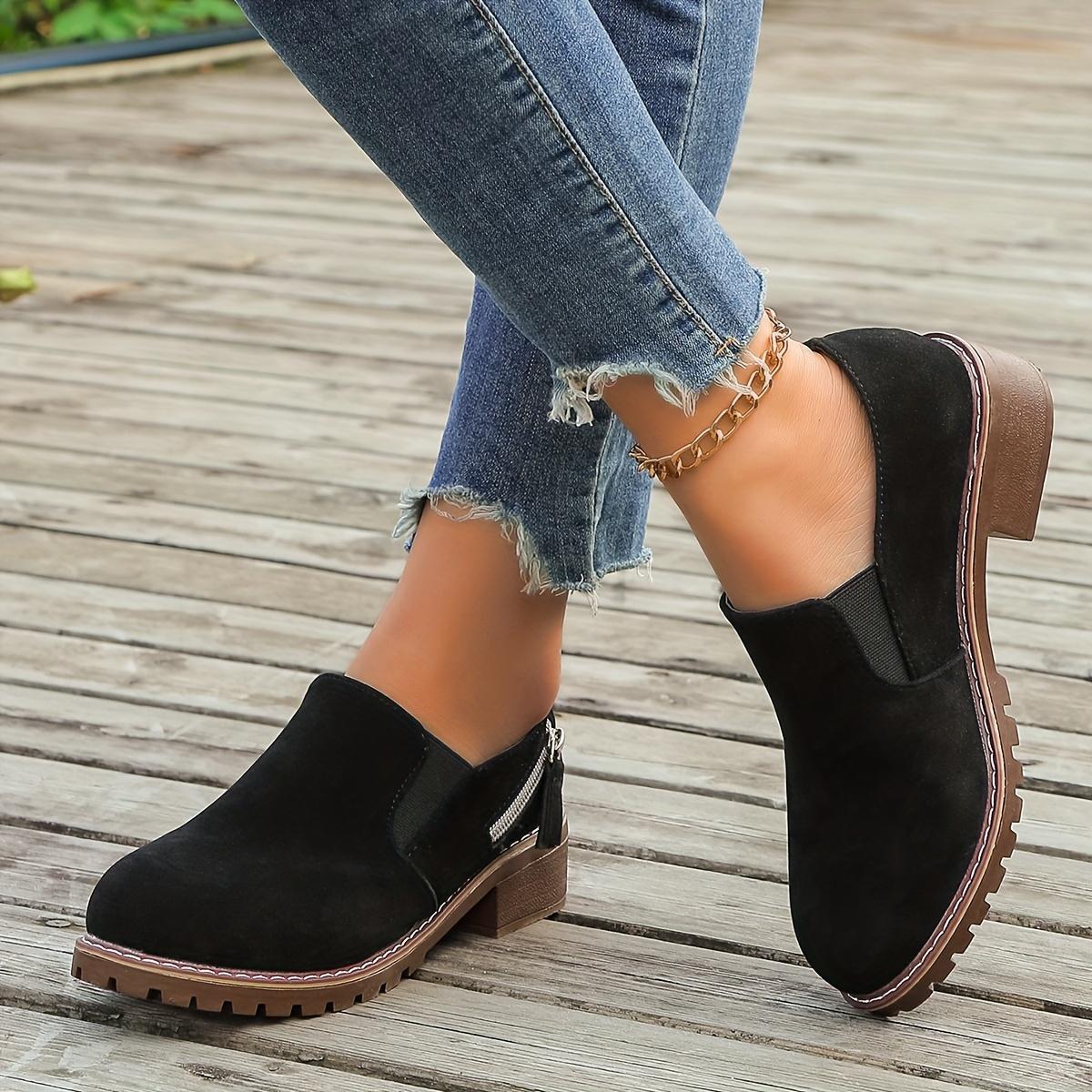 Comfortable Low Heel Ankle Boots for Women, Elastic Side Slip-On Casual Shoes