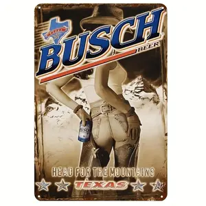 Vintage Busch Beer Grey Iron Metal Wall Plaque (8x12) - Weatherproof, Pre-Rolled Rustic Design, 1-Count Western Decor Home Accessory for Man Cave, Vintage Garage Signs Metal-Toned Home Signs Room Decor
