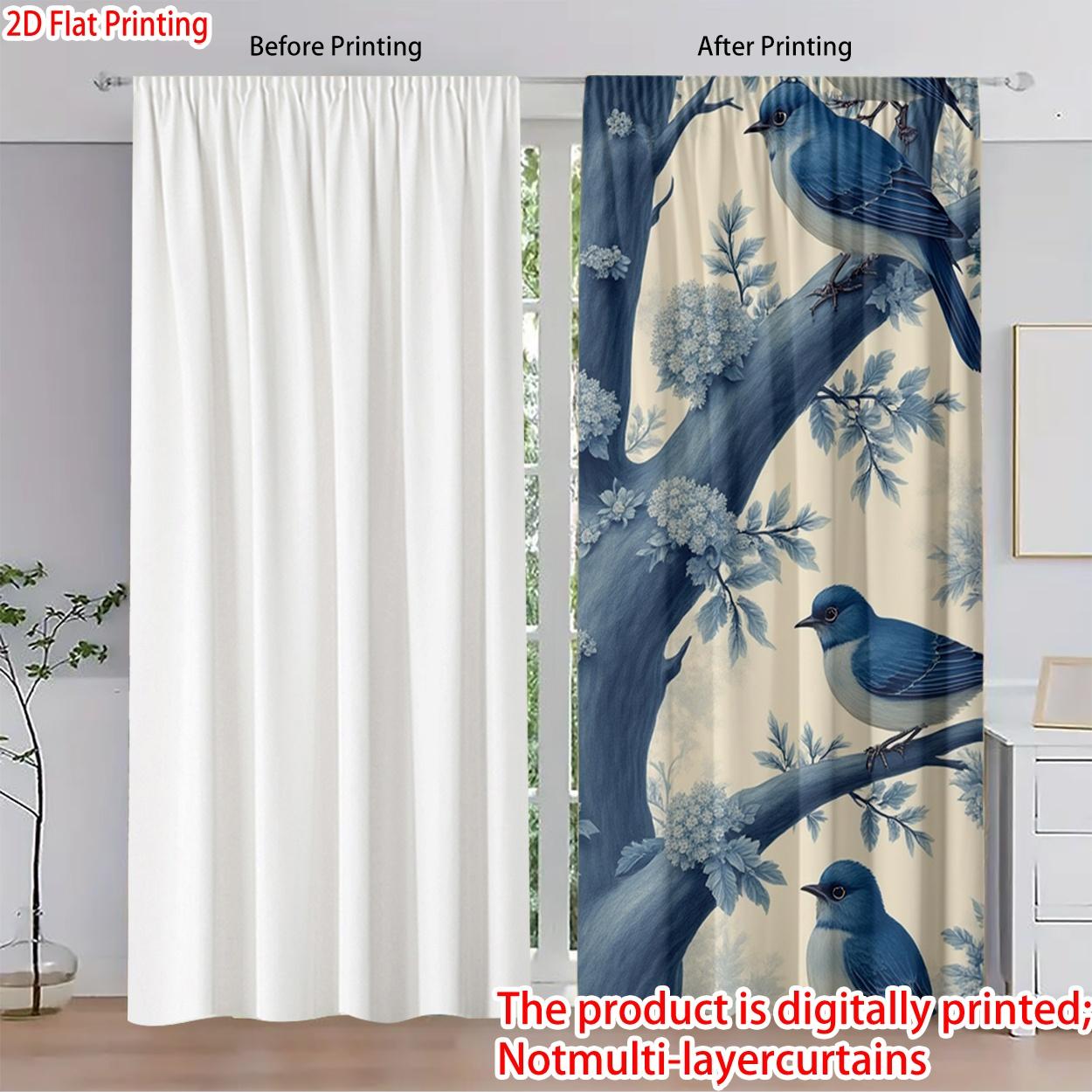 2 pieces, 2D flat printing, polyester materialBlue Birds Perched on TreePatterned print, light-filtering curtains, suitable for decorating bedrooms, living rooms, and other settings; features a rod pocket design for easy rod installation.
