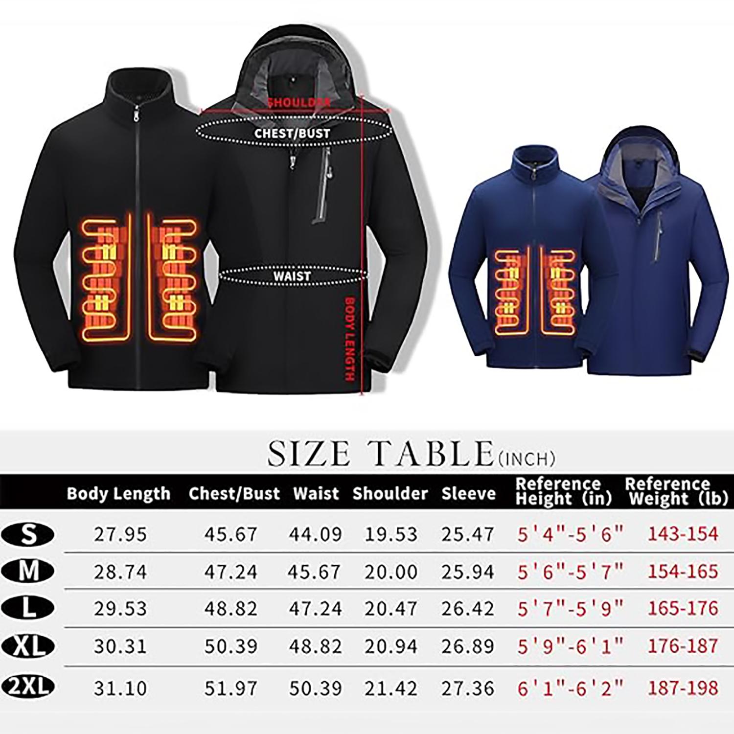 [Power Bank or Battery Pack Not included] Unisex 3-in-1 Puffer Coat Waterproof Heated Jacket with Massage Removable Warm Iiner Fleece Jackets