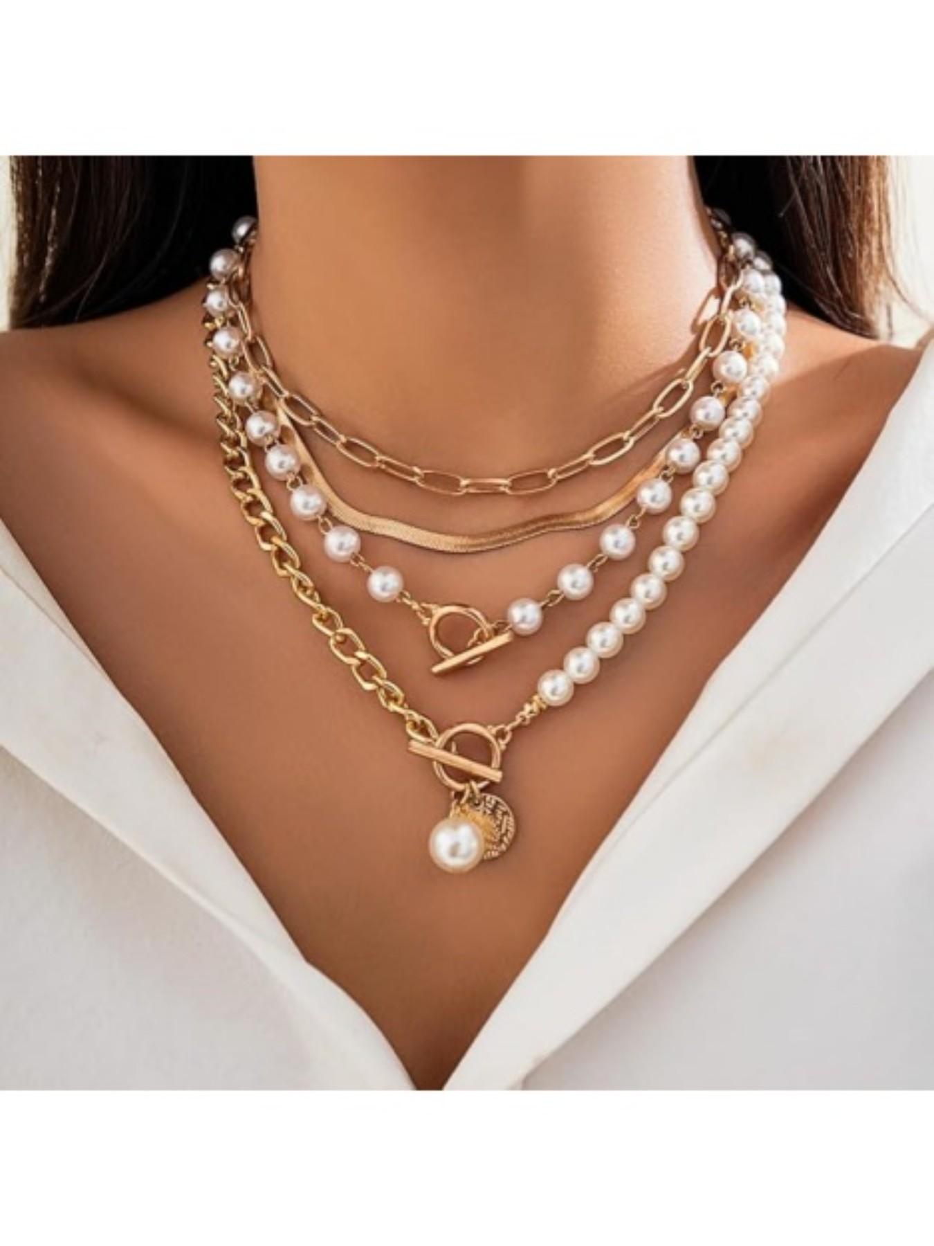 4-Piece Women's Fashion Adjustable Multi-Layer Pearl Stack Necklace Set, Charming Multi-Layer Chain Necklaces, Beach Jewelry