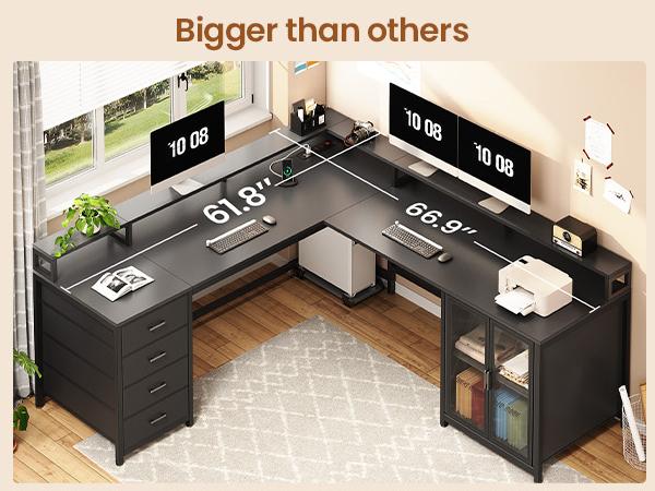 SEDETA L Shaped Gaming Desk with 4 Drawers, 109” Computer Desk with Display Cabinet, Home Office Desks with 2 Monitor Stands, CPU Stand, LED Lights and Power Outlet