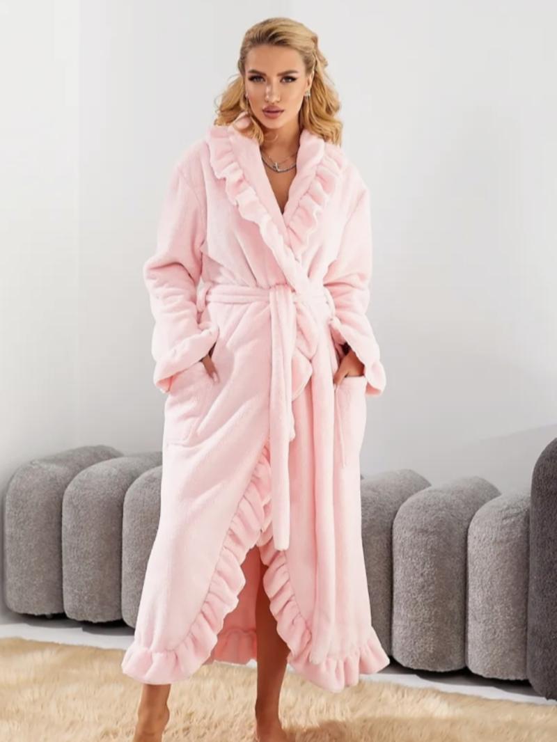 Women's Solid Color Flannel Bathrobe, Elegant Long Sleeve Wrap Robe, Women's Sleepwear for Fall & Winter, Nightgown, Casual Comfy Fluffy Pajamas, Soft Casual Pajamas