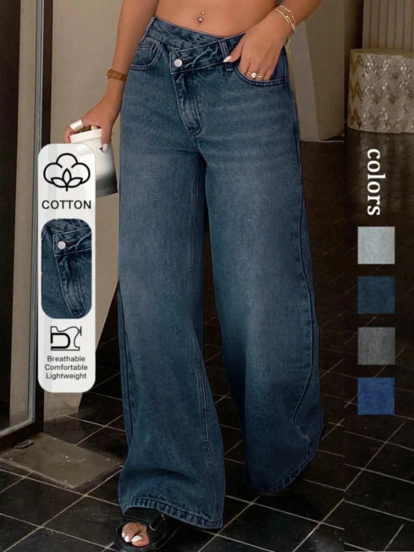 Women's Pocket Zipper Asymmetrical Wide Leg Jeans, Casual Fashion Pants for All Seasons