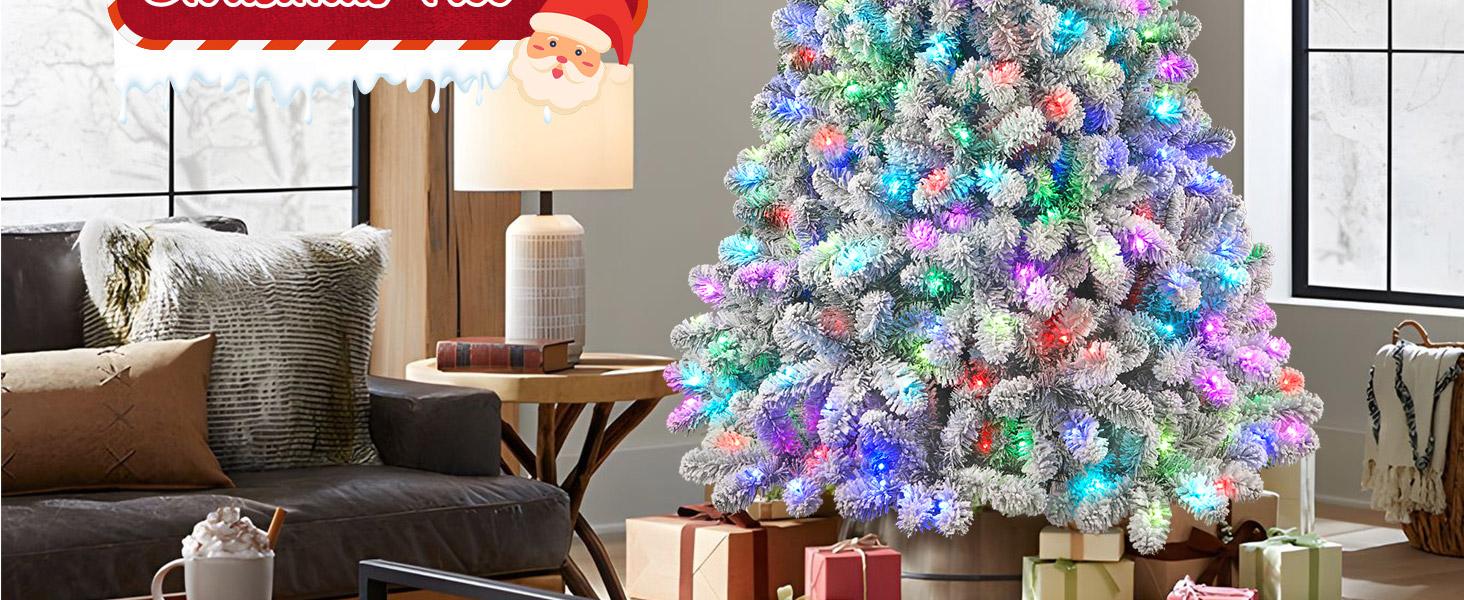 2025 Upgraded 4/5/6/7/7.5/9/12FT Snow-Flocked Christmas Tree with Prelit Multi-Color RGB Christmas Lights and Full, Snow-Covered Branches