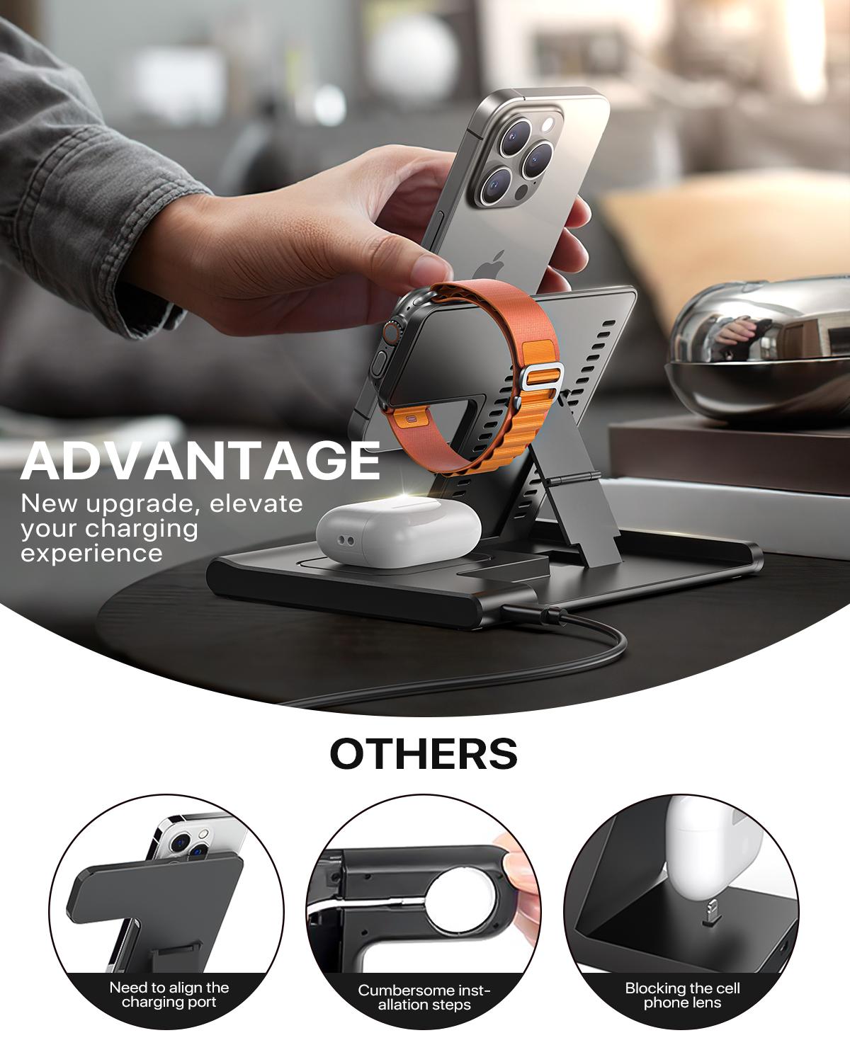 tiktok Upgraded 3 in 1 phone holder Foldable Charging Station for Apple Devices 15W Wireless Charger Stand for iPhone 11 Pro-16 series,Apple Watch and AirPods(Adapter Not Included)Springtok