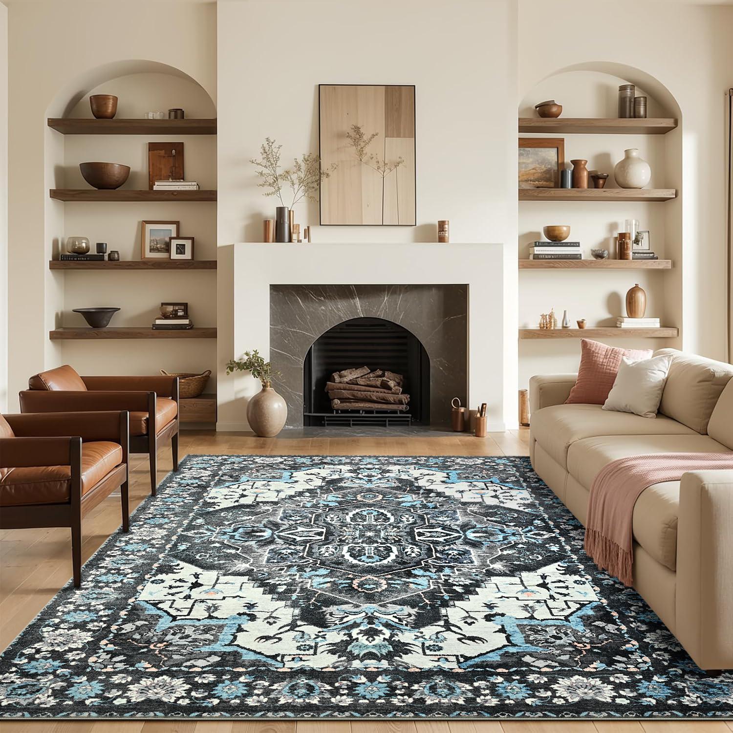 Lochas Boho Tribal Rug, Non-Slip Machine Washable Low Pile Carpet for Living Room, Soft Non-Shedding Floor Mat