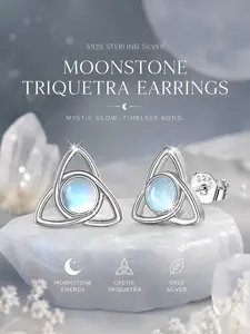 Elegant S925 Silver Celtic Knot Moonstone Earrings, Hypoallergenic Triangular Studs, Perfect for Daily Wear, Gift for Friends & Holidays