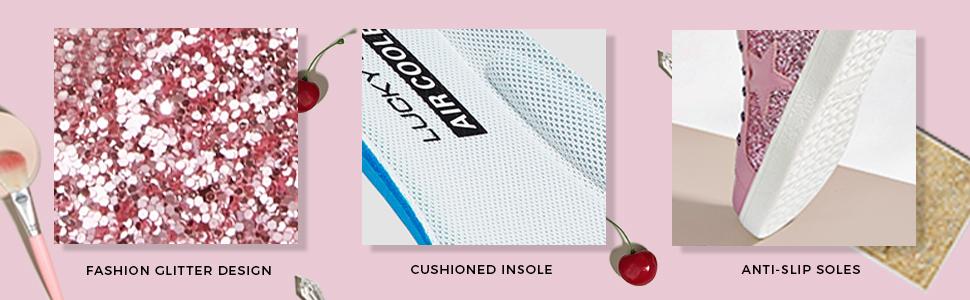 LUCKY STEP Women's Fashion Star Sneaker Lace Up Low Top Comfortable Cushioned Walking Shoes with Glitter Star Pattern & Non-Slip TPR Outsole