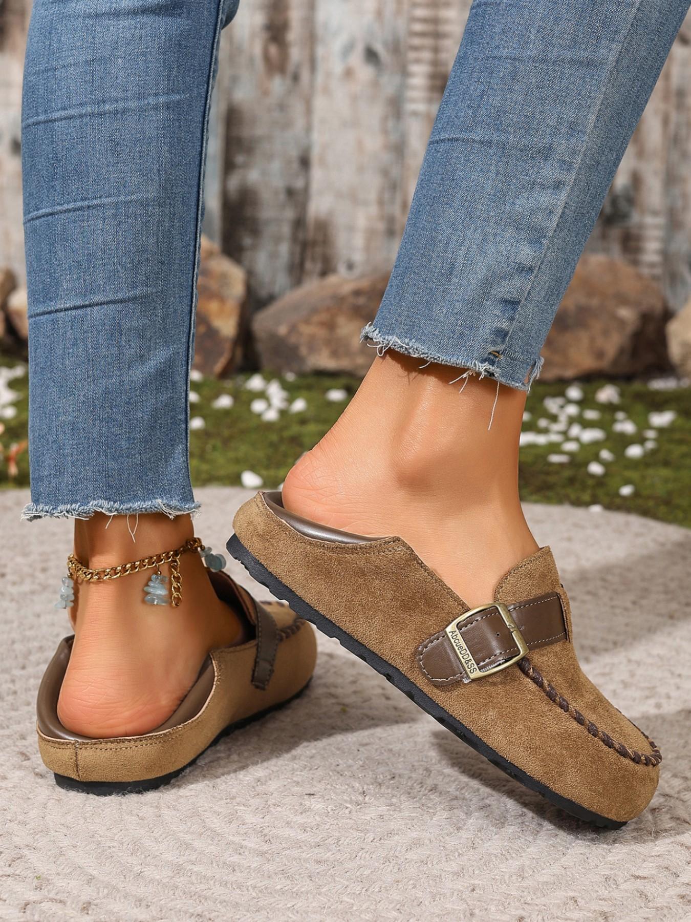 Women's Leopard Print Mules, Metal Buckle Thick Sole Shoes, Vintage Casual Slip-Ons, Comfortable Two-In-One Design, Spring & Fall