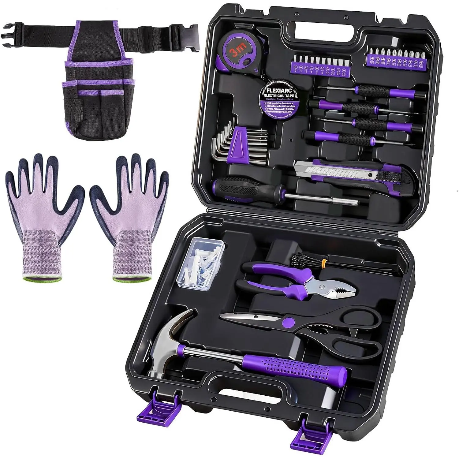 Tool Set - Purple Hand Tool Kit with Waist & Gloves, Tool Kit for Home Repairs, DIY and Crafts, 112 pcs