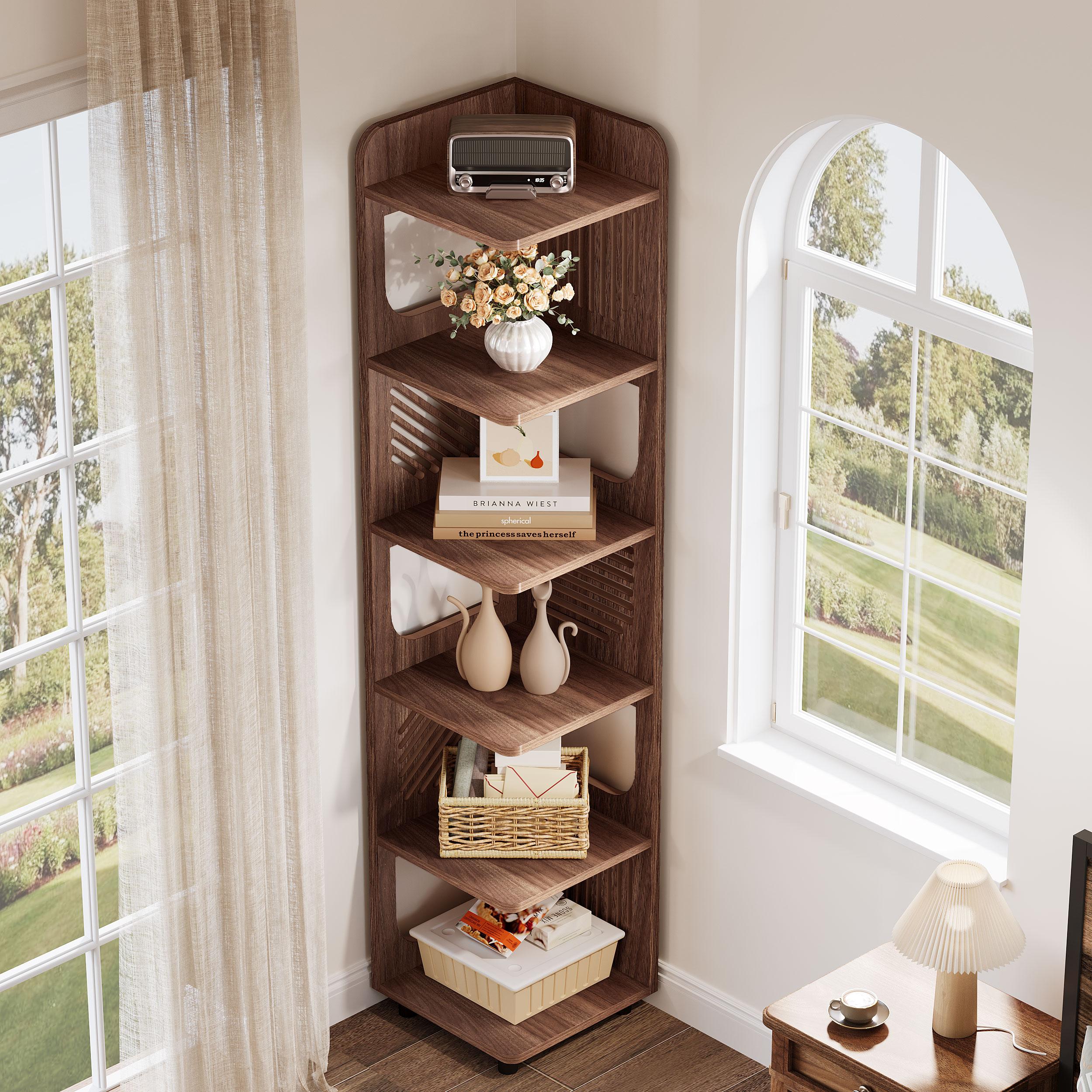 LITTLE TREE 6-Tier Tall Corner Shelf, 71-Inch Rustic Narrow Corner Bookshelf Bookcase with Square Rack, Freestanding Corner Display Storage Shelf Organizer for Living Room, Kitchen, Office