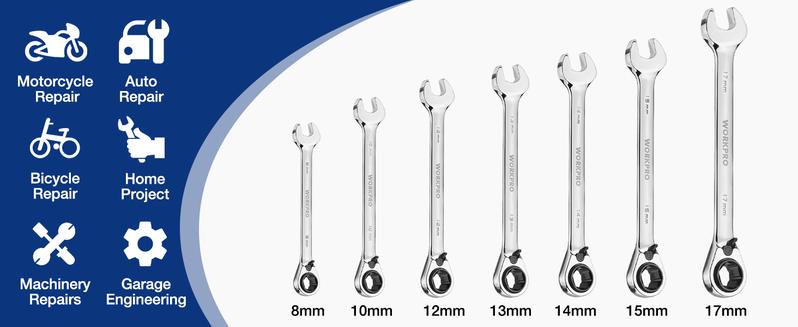 #JumpstartSale WORKPRO 7-Count 3-in-1 Reversible Ratchet Wrench Set,  6Pt& 12Pt& Open-End Wrenches, 72-Teeth Ratcheting Combination Wrench with Rolling Pouch