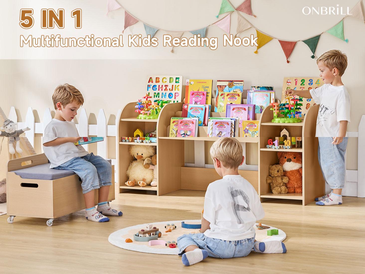 ONBRILL Kids Bookshelf with Reading Nook, 64.5" Toy Storage Organizer with Movable Bench with 3 Storage, Kids Bookcase with 3-Tier Bookshelf, 6 Storage Cubbies, Toy Box & Chest for Bedroom, Playroom