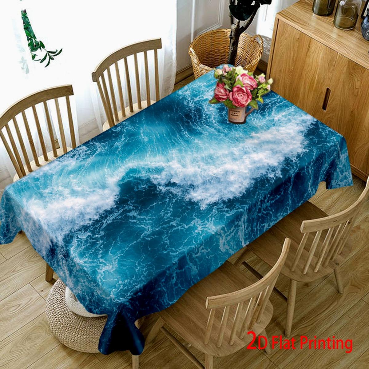 Blue Ocean Wave Rectangular Tablecloth, Thick Polyester, Machine-Made, Durable & Stylish, Party Decor, Coastal Aesthetic, Easycare Fabric